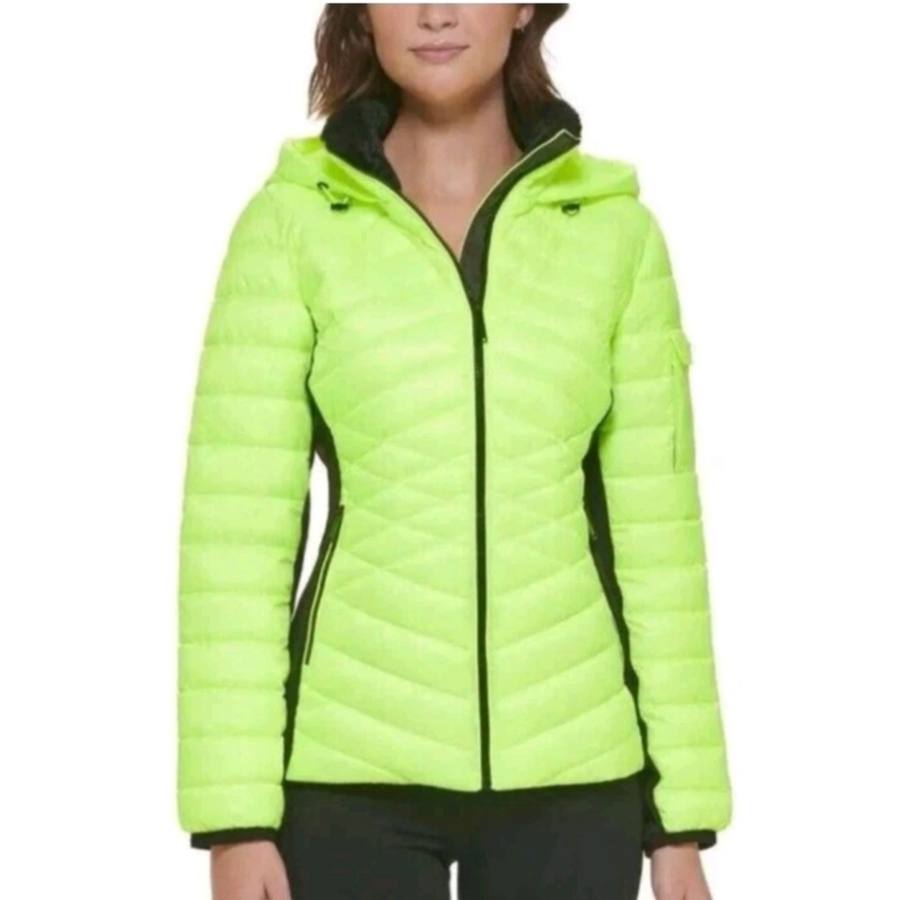 Calvin Klein Performance Hooded Mixed-Media NEON yellow Puffer Jacket XSMALL NWT